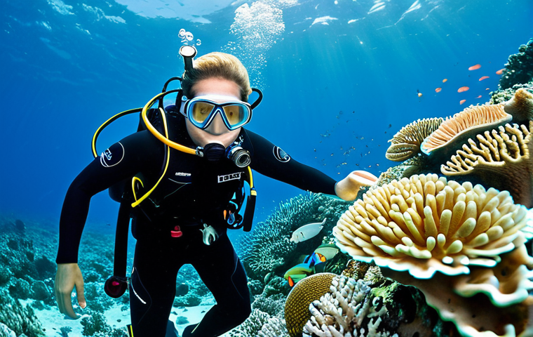 Coral Bleaching and Environmental Stress**

"A wide-angle underwater shot of a bleached coral reef, showing pale corals amidst vibrant, healthy corals. The scene includes subtle pollution indicators like slight water discoloration. A school of small, colorful reef fish swim nearby, with a sense of vulnerability. Fully clothed scuba diver in the background observing the scene. Safe for work, appropriate content, perfect anatomy, correct proportions, professional documentation, family-friendly, fully clothed, modest environment, natural pose, well-formed hands, proper finger count, natural body proportions, high quality."

**