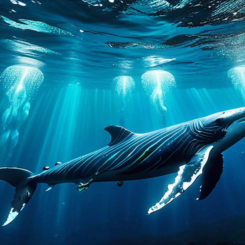고래의 소통 방식 연구 - Underwater Symphony**

"A vibrant underwater scene depicting a pod of humpback whales communicating ...