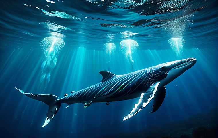 고래의 소통 방식 연구 - Underwater Symphony**

"A vibrant underwater scene depicting a pod of humpback whales communicating ...