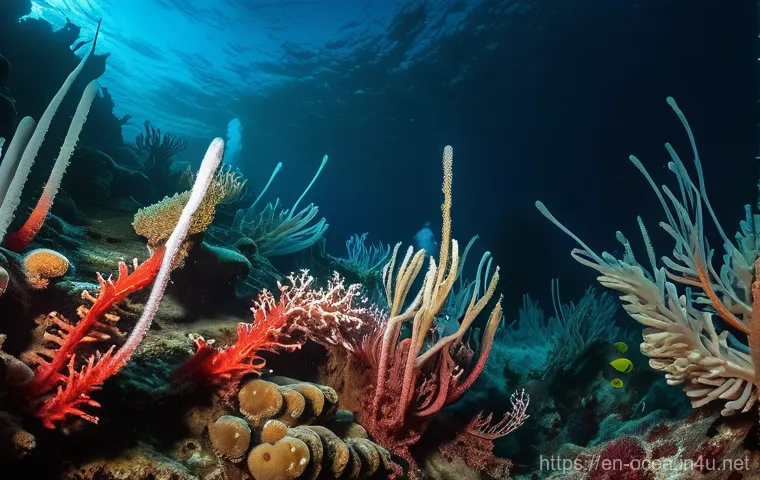 심해 탐사 기술과 생물 연구 - **Prompt 2: Bioluminescent Wonders of the Abyss**
    "A stunning close-up of a fantastical deep-sea...