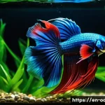 어류 행동 연구와 생태계 영향 - A vibrant underwater scene depicting a male betta fish aggressively flaring its iridescent fins, sho...