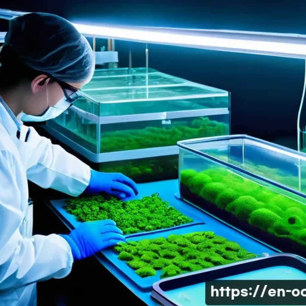 해양 생명공학 응용 - A highly detailed underwater laboratory scene showcasing scientists in modern aquatic research gear ...