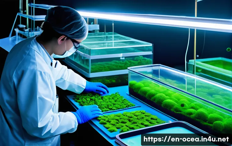 해양 생명공학 응용 - A highly detailed underwater laboratory scene showcasing scientists in modern aquatic research gear ...