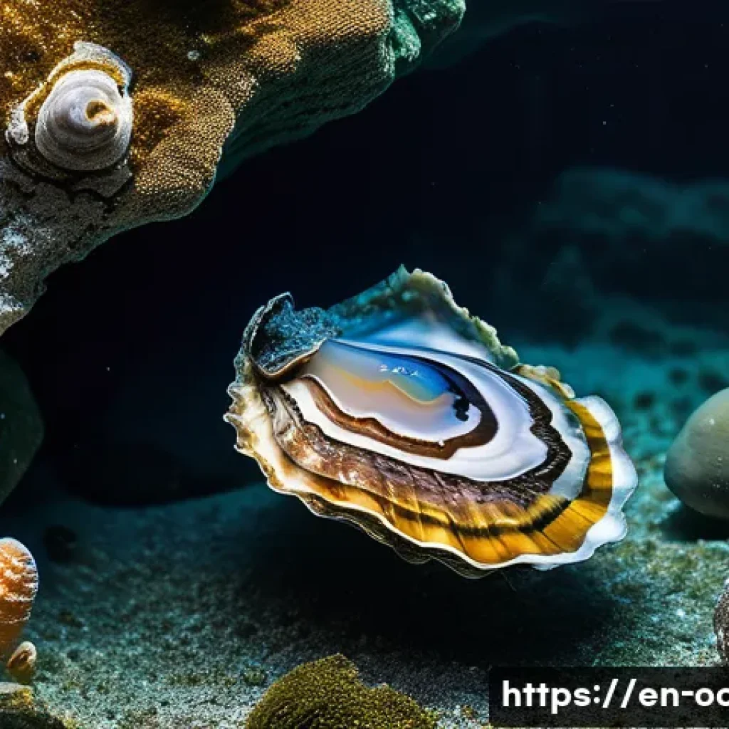 연체동물 유전체 분석 - A highly detailed underwater scene showcasing a Pacific oyster firmly attached to a rocky surface in...