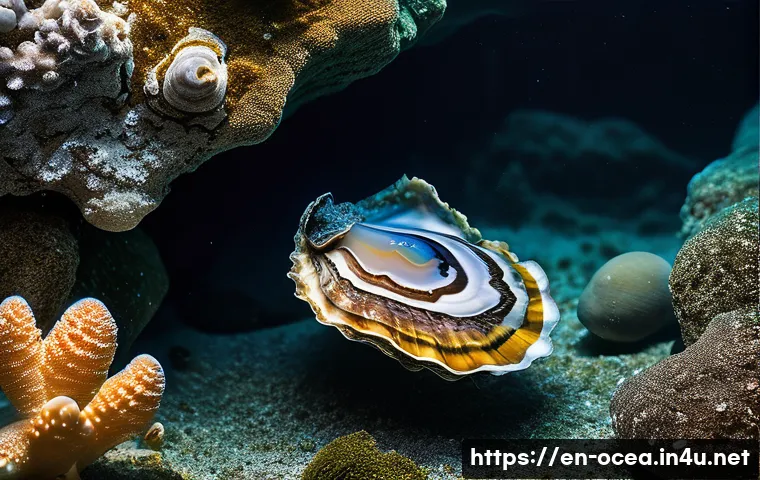 연체동물 유전체 분석 - A highly detailed underwater scene showcasing a Pacific oyster firmly attached to a rocky surface in...