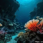 Home 18 심해 생태계와 자원 채굴 - A detailed underwater scene showcasing a deep-sea hydrothermal vent ecosystem, featuring glowing bio...