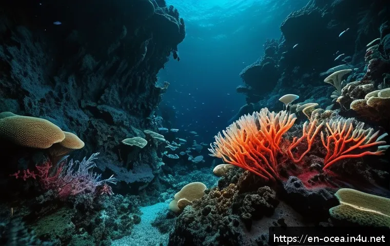 심해 생태계와 자원 채굴 - A detailed underwater scene showcasing a deep-sea hydrothermal vent ecosystem, featuring glowing bio...