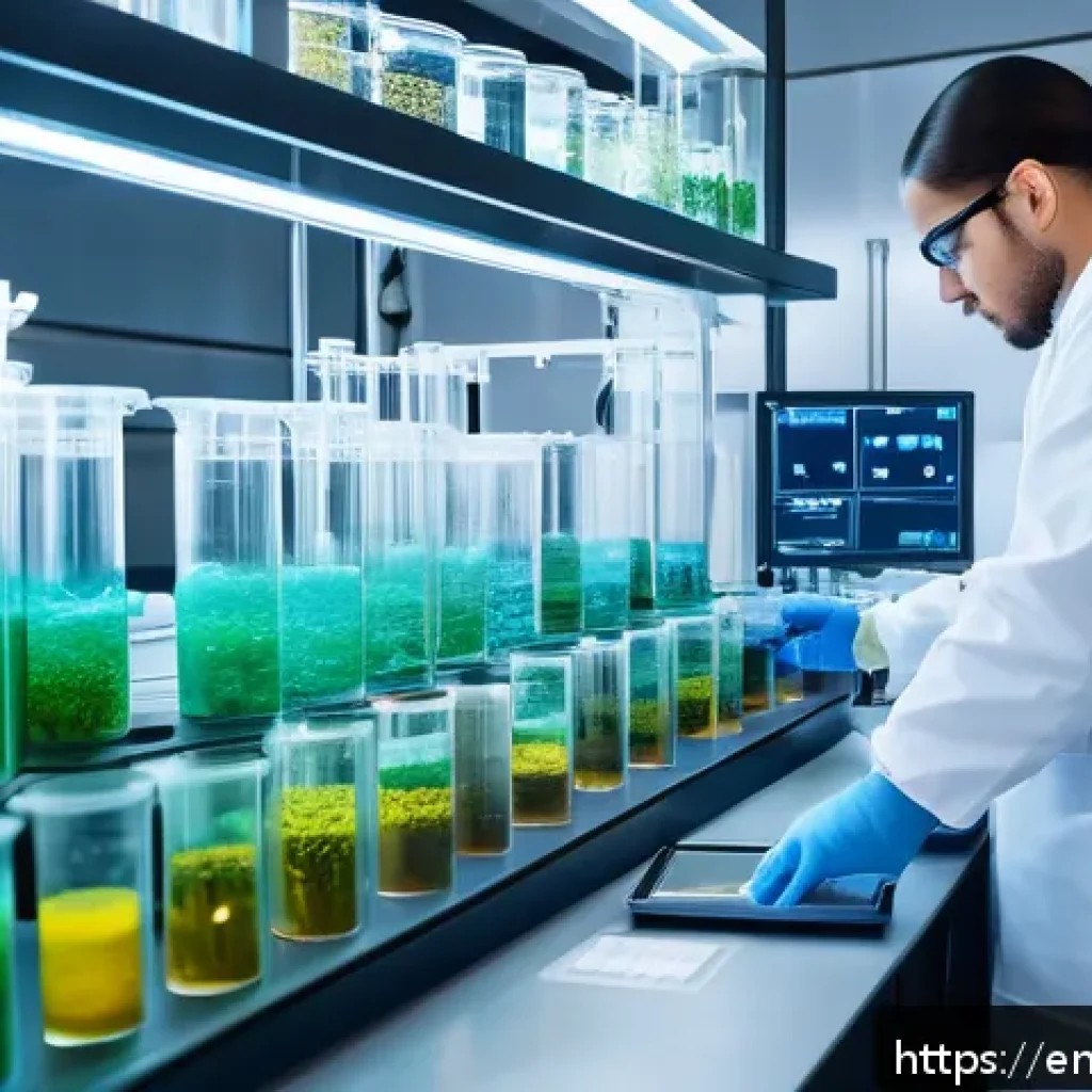 해양 박테리아의 산업적 응용 - A detailed scientific laboratory scene showcasing marine bacteria cultures thriving in high-tech bio...