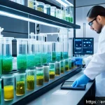 Home 23 해양 박테리아의 산업적 응용 - A detailed scientific laboratory scene showcasing marine bacteria cultures thriving in high-tech bio...