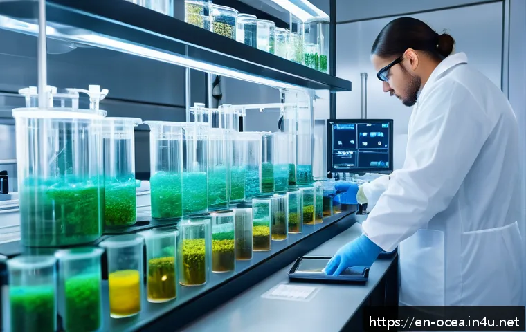해양 박테리아의 산업적 응용 - A detailed scientific laboratory scene showcasing marine bacteria cultures thriving in high-tech bio...